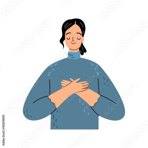 Happy mindful thankful woman holding hands on chest meditating with eyes closed isolated on white. Vector cartoon character feeling no stress, gratitude, mental health balance, peace of mind