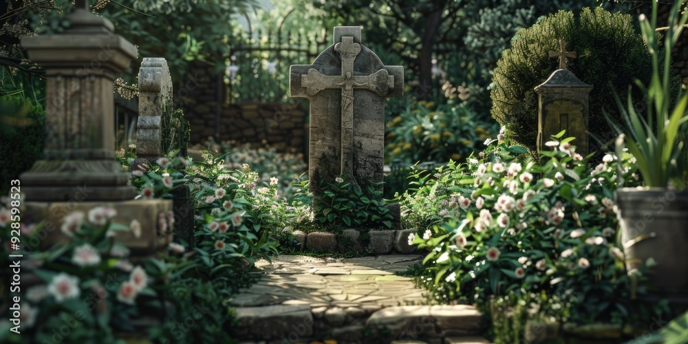 Tombstone Grave. 3D Rendering Illustration of Gravestone and Cross in Cemetery Architecture Tombstone Grave. 3D Rendering Illustration of Gravestone and Cross in Cemetery Architecture