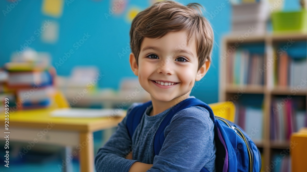 Happy kindergarten student on the first day of school. Happy kindergarten student on the first day of school.