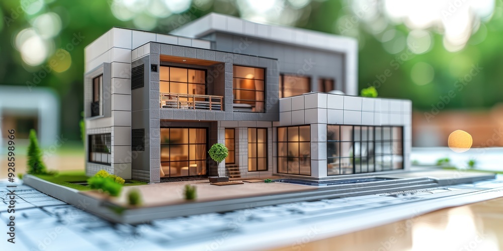 Modern House Model on Blueprint Modern House Model on Blueprint