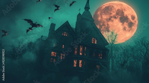 A haunted house with flying bats and a full moon in the background. photo