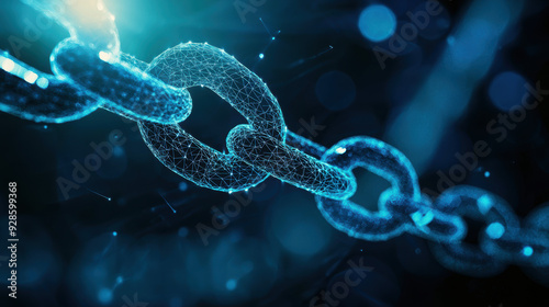 Close-up of a futuristic digital chain link with glowing blue elements, symbolizing secure connections and blockchain technology.