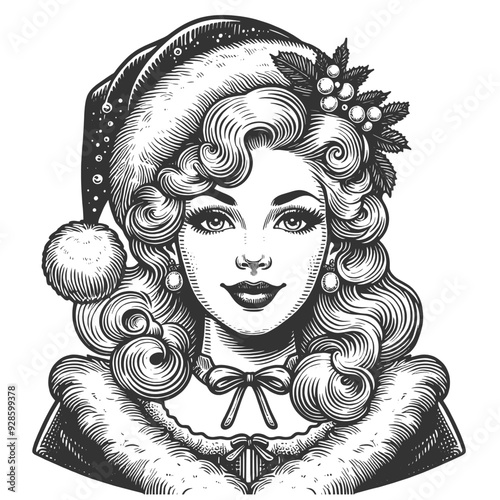 Mrs Claus smiling woman in Santa hat, adorned with festive decorations, Christmas sketch engraving generative ai fictional character vector illustration. Scratch board imitation. Black and white image