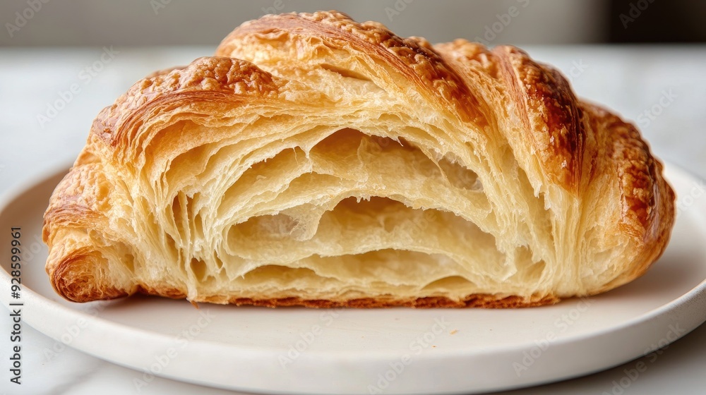 Close-up of a freshly baked croissant bread on a white plate, with its crispy exterior and soft interior visible Close-up of a freshly baked croissant bread on a white plate, with its crispy exterior and soft interior visible