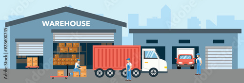Warehouse industry vector art. Warehouse building illustration. Storehouse logistics vector stock. Storehouse beside garage truck delivery. Storehouse boxes. People work in warehouse. Warehouse worker