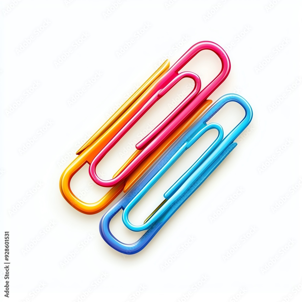 Three colorful paper clips in yellow, pink, and blue, isolated on white background. Three colorful paper clips in yellow, pink, and blue, isolated on white background.