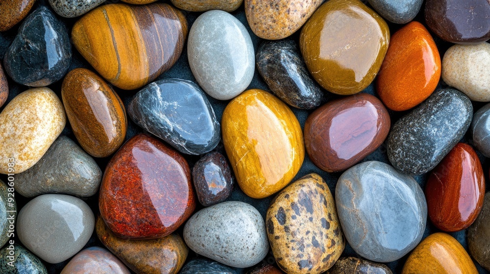 A background of polished pebble stones, with smooth surfaces and vibrant colors. A background of polished pebble stones, with smooth surfaces and vibrant colors.