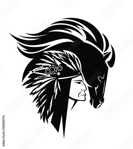 native american tribal chief wearing ornate feathered headdress nad wild mustang horse spirit head with flying mane - black and white vector portrait