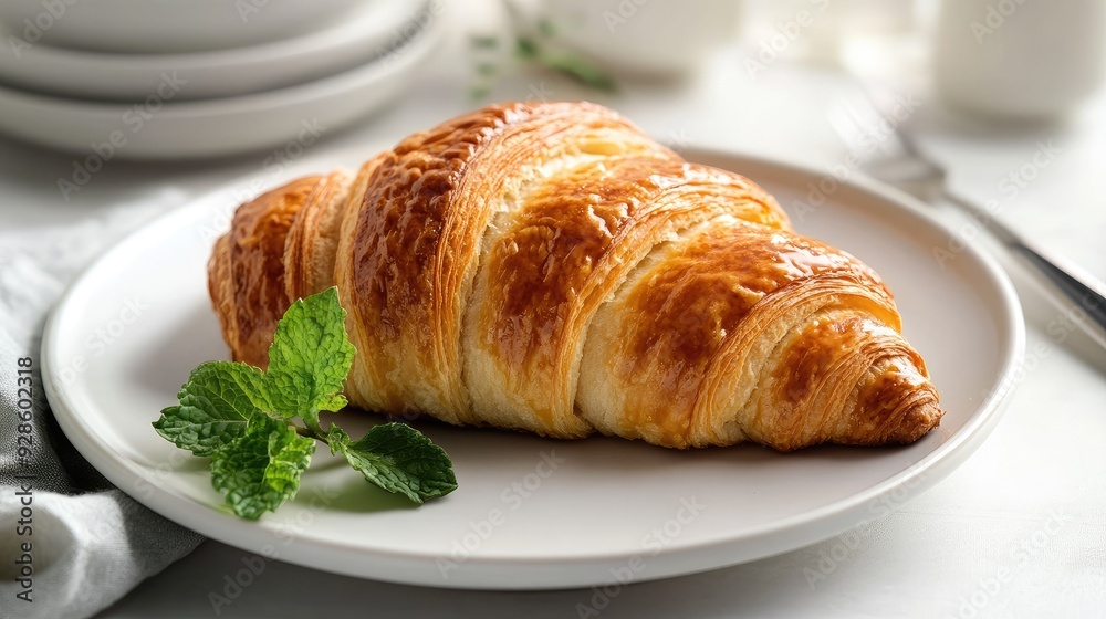 A beautifully layered croissant bread on a white plate, garnished with a sprig of fresh mint. A beautifully layered croissant bread on a white plate, garnished with a sprig of fresh mint.