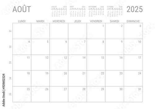 Calendrier Août 2025 Mensuel Planificateur avec Numero de Semaine à imprimer A4	