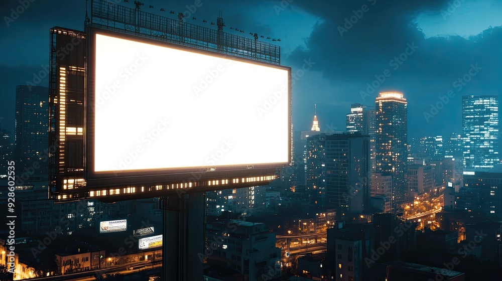 A blank electronic billboard on the side of a skyscraper, with city lights below. A blank electronic billboard on the side of a skyscraper, with city lights below.