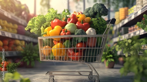 3D Rendered Image of a Shopping Cart Overflowing with a Variety of Colorful and Vibrant Vegetables Showcasing a Healthy Grocery Store Scene with Ample Copy Space