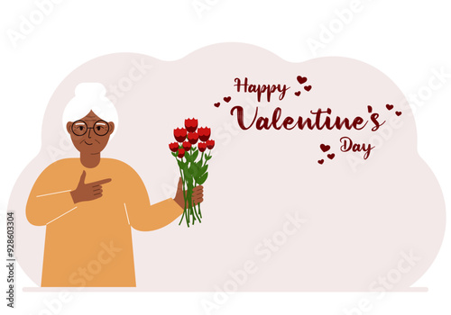 A happy woman holds a bouquet of flowers in his hand. Next to the text Happy Valentine's Day. Concept for postcard, congratulations, banner or poster.