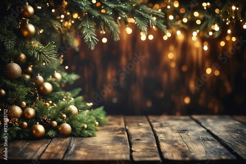 Christmas Decorations on Wooden Table with Lights Background
