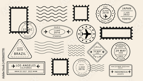 International Travel Stamps. Stamp different mail delivery postmark. Airplane postmarks on yellow background.