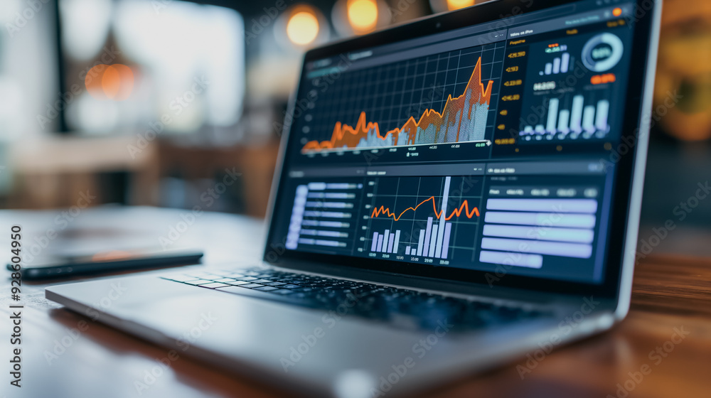 A laptop is open to a screen displaying a graph of stock prices. The laptop is placed on a wooden table A laptop is open to a screen displaying a graph of stock prices. The laptop is placed on a wooden table