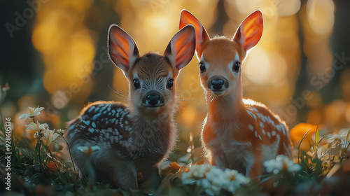 Two baby deer are standing next to each other in a field of flowers. The scene is peaceful and serene, with the deer looking up at the camera