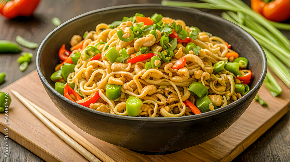 Delicious tofu and soba noodle stir-fry with vibrant vegetables and sprinkled sesame seeds, served in a black bowl Delicious tofu and soba noodle stir-fry with vibrant vegetables and sprinkled sesame seeds, served in a black bowl