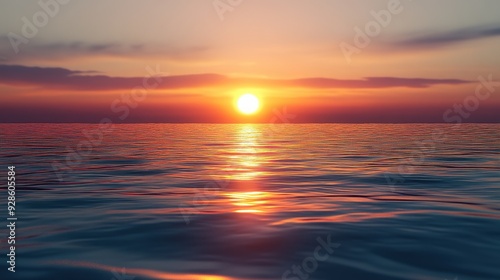 A serene sunset over calm ocean waters, reflecting warm hues of orange and pink.