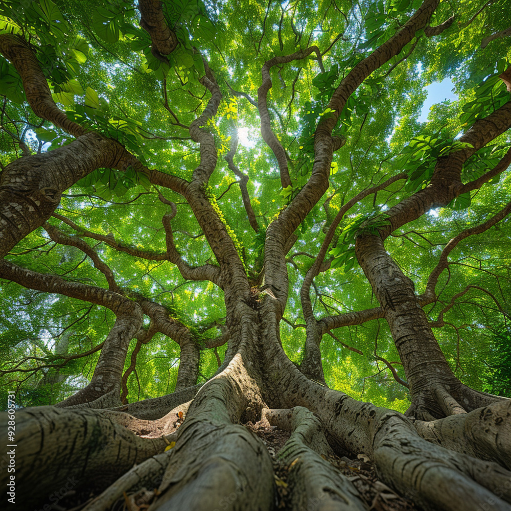 Fototapeta premium The view from the ground looking up at banyan trees with wide roots, green leaves and thick trunks. The perspective shows that you can see several tree trunks in close distance and their branches