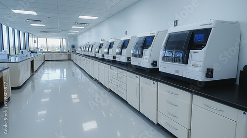 A large room with many white lab tables and machines. The room is very clean and organized. The machines are all lined up and ready to use photo