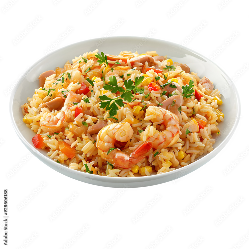 Delicious seafood paella with shrimp, veggies, and rice, topped with parsley, served in a white dish Delicious seafood paella with shrimp, veggies, and rice, topped with parsley, served in a white dish