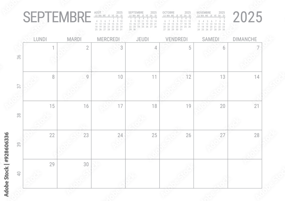 Calendrier Septembre 2025 Mensuel Planificateur avec Numero de Semaine à imprimer A4 Calendrier Septembre 2025 Mensuel Planificateur avec Numero de Semaine à imprimer A4