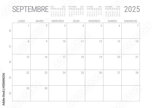 Calendrier Septembre 2025 Mensuel Planificateur avec Numero de Semaine à imprimer A4