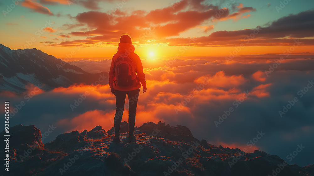 A person is standing on a mountain top, looking out at the sunset. The sky is filled with clouds, and the sun is setting in the distance. The scene is peaceful and serene A person is standing on a mountain top, looking out at the sunset. The sky is filled with clouds, and the sun is setting in the distance. The scene is peaceful and serene