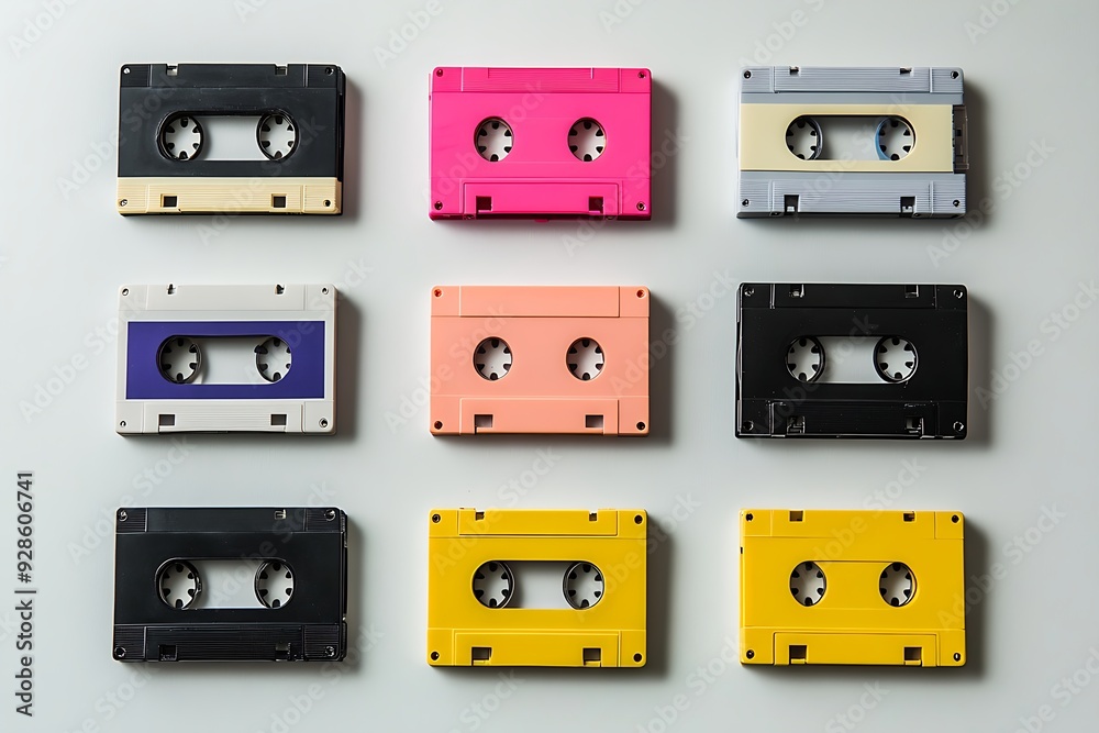 Fototapeta premium Collection of vintage audio cassette tapes with various designs, neatly arranged against white background.