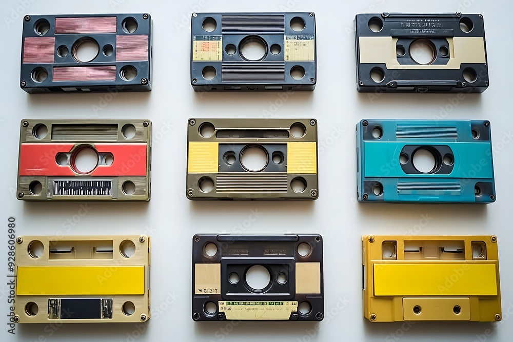 Fototapeta premium Collection of vintage audio cassette tapes with various designs, neatly arranged against white background.