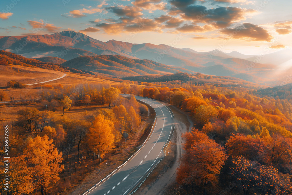 Fototapeta premium Road landscape with beautiful colorful nature in mountains at sunset in autumn season. Copy space