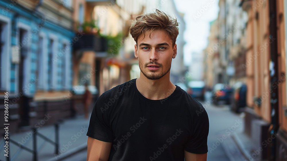 A handsome man wearing a black blank t-shirt standing on the street A handsome man wearing a black blank t-shirt standing on the street
