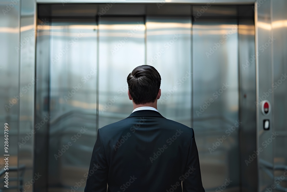 A businessman in a suit standing in front of elevator A businessman in a suit standing in front of elevator