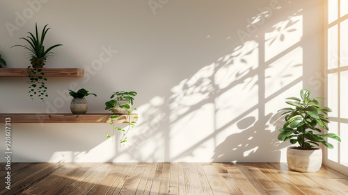 Fototapeta Naklejka Na Ścianę i Meble -  a modern minimalist room with a wood floor and white wall background
