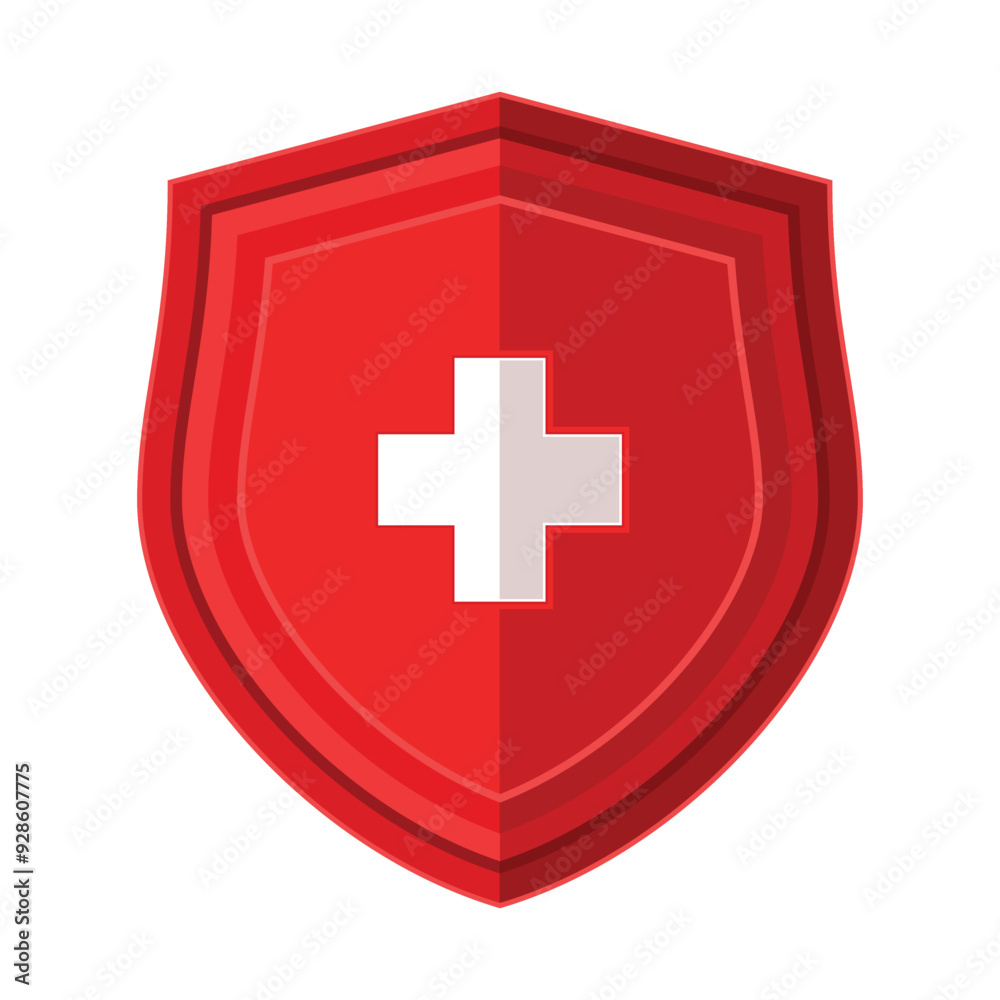 Isolated red shield with white medical cross sign vector icon Isolated red shield with white medical cross sign vector icon