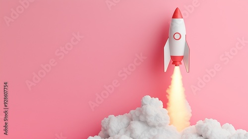 A vibrant rocket launching against a pink backdrop, symbolizing innovation and the excitement of exploration.
