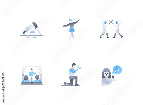 Sports and art - flat design style icons set. High quality colorful images of yoga and ballerina, sword fencing, stand-up and stage performance, photographer, singer and music, activity idea
