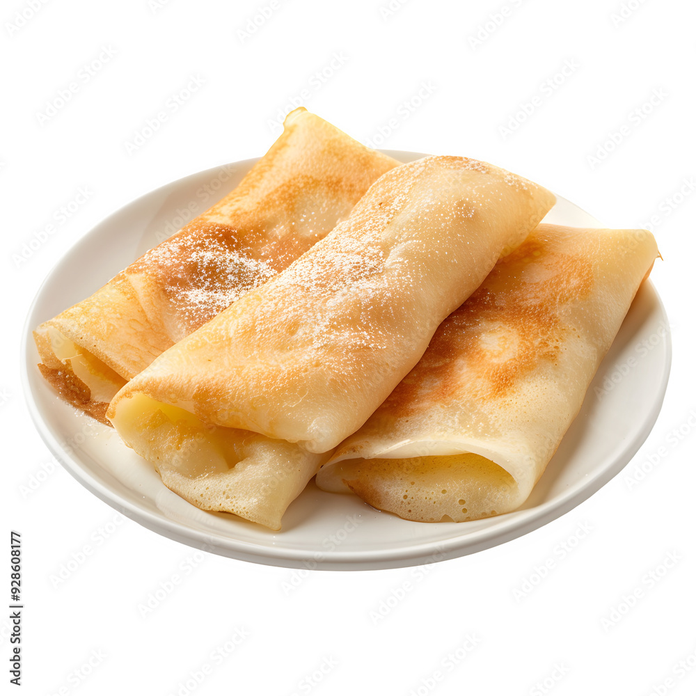 Tasty golden crepes sprinkled with powdered sugar served on a white plate, isolated on a transparent background, perfect for food and culinary designs Tasty golden crepes sprinkled with powdered sugar served on a white plate, isolated on a transparent background, perfect for food and culinary designs