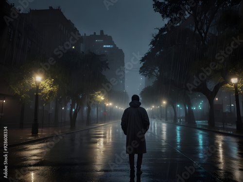 silhouette of a person walking in the street,person walking under rain,silhouette of a person in a tunnel