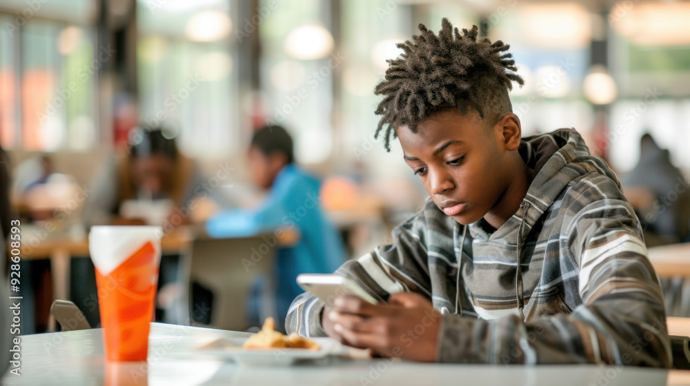 Young African American Teenage Boy Student Using Smartphone During School Lunch Break in Cafeteria. Generative ai
