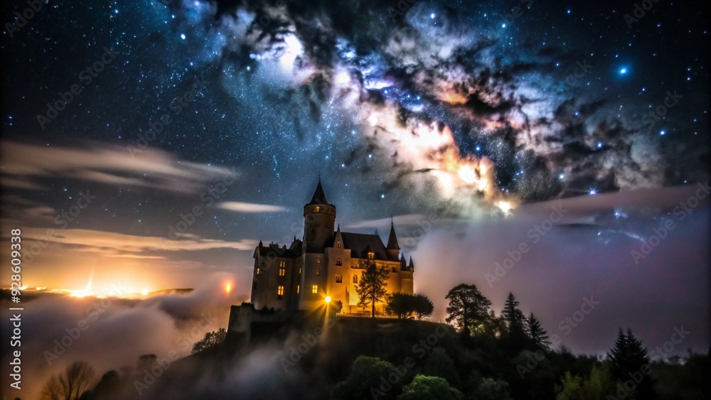 A fairytale castle illuminated against a night sky filled with stars and the Milky Way. A fairytale castle illuminated against a night sky filled with stars and the Milky Way.