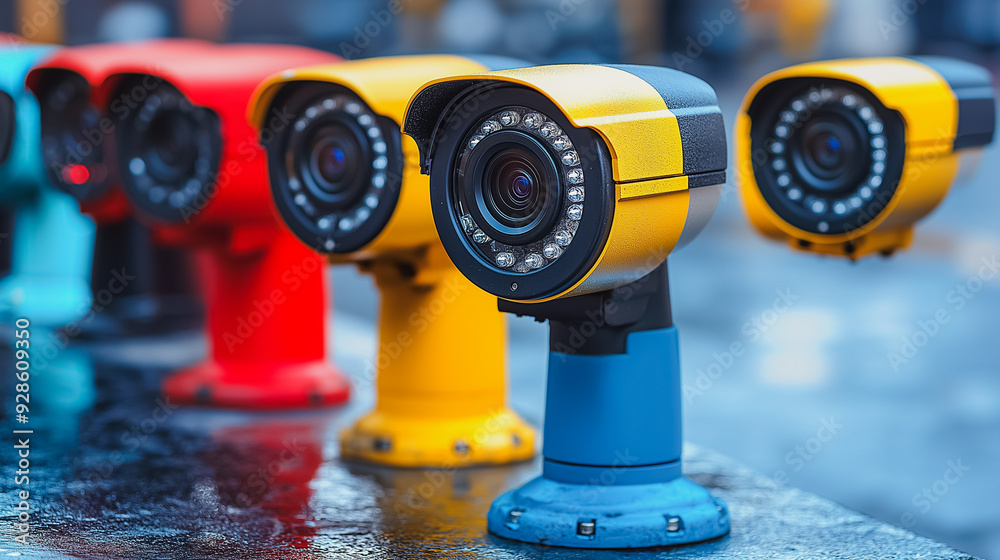 Fototapeta premium A row of security cameras are lined up in a row. The colors of the cameras are red, yellow, blue, and green. The cameras are all facing the same direction, and they are all turned on