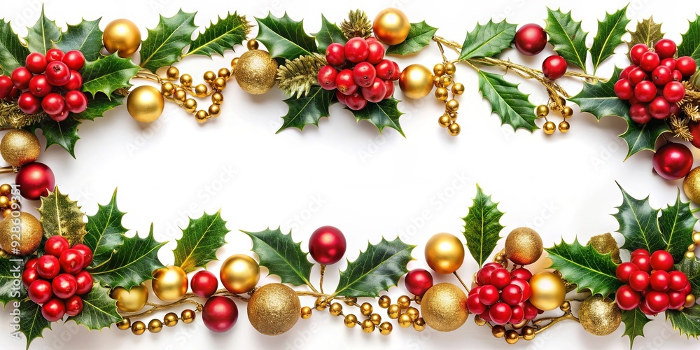 Festive border with holly leaves, red berries, and gold ornaments, Christmas, frame, decoration, festive, holiday, border Festive border with holly leaves, red berries, and gold ornaments, Christmas, frame, decoration, festive, holiday, border