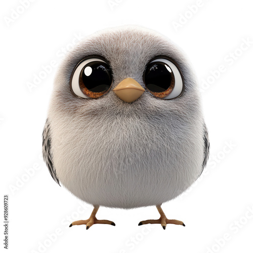A cute little bird with big eyes and a fuzzy white coat