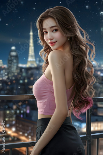 a poster of a beautiful girl on a balcony with a city in the background.