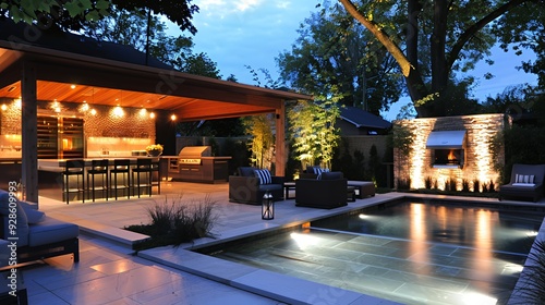 Nighttime view of a luxury backyard with a patio, pool, and outdoor kitchen.