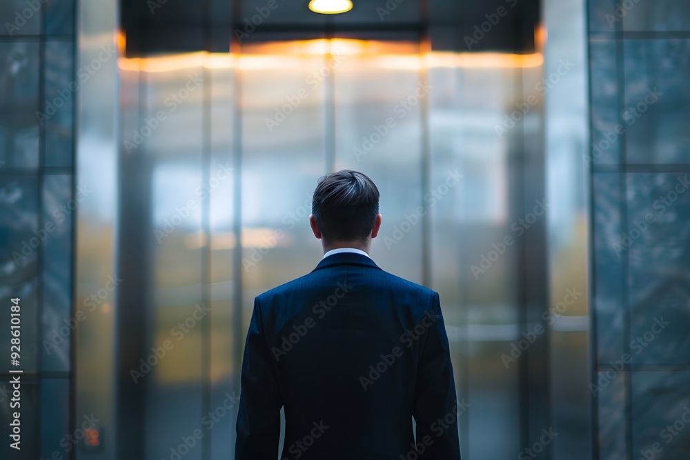A businessman in a suit standing in front of elevator A businessman in a suit standing in front of elevator