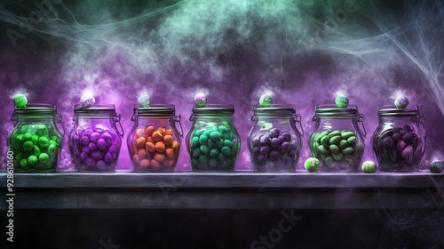 Eerie background for Halloween with candy jars labeled with spooky names, glowing green and purple sweets, set on a dusty old counter with cobwebs hanging in the corners, photo