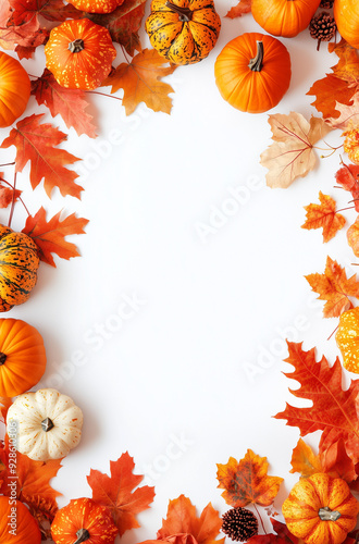 Autumn Pumpkins and Leaves Border on a White Background with Copy Space
